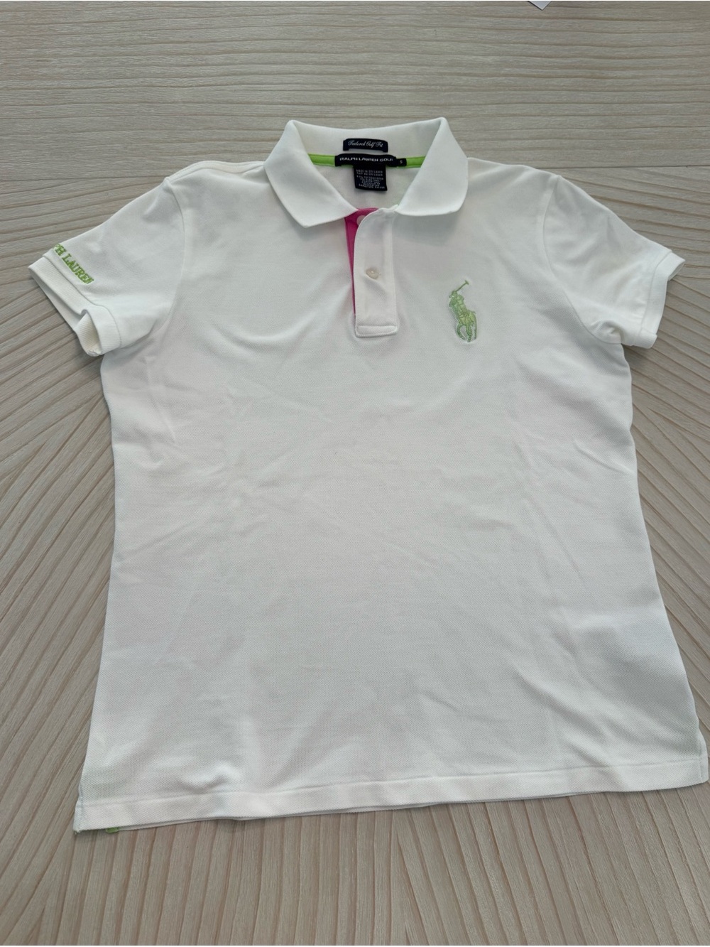 Ralph Lauren White Short Sleeve Polo with Pink Placket and Green Logo